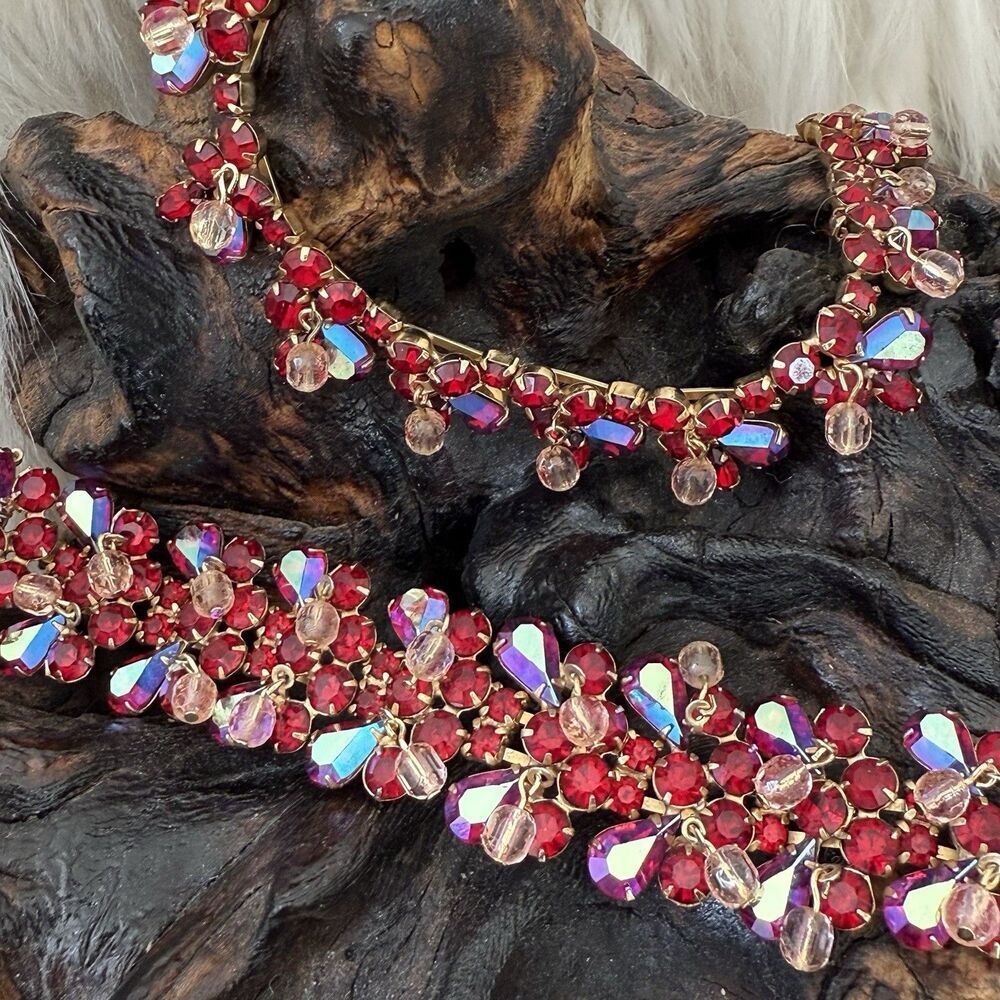 Vintage Kramer Demi-Parure Red Aurora Borealis AB Teardrop Pink Dangle Balls - Picture 2 of 16